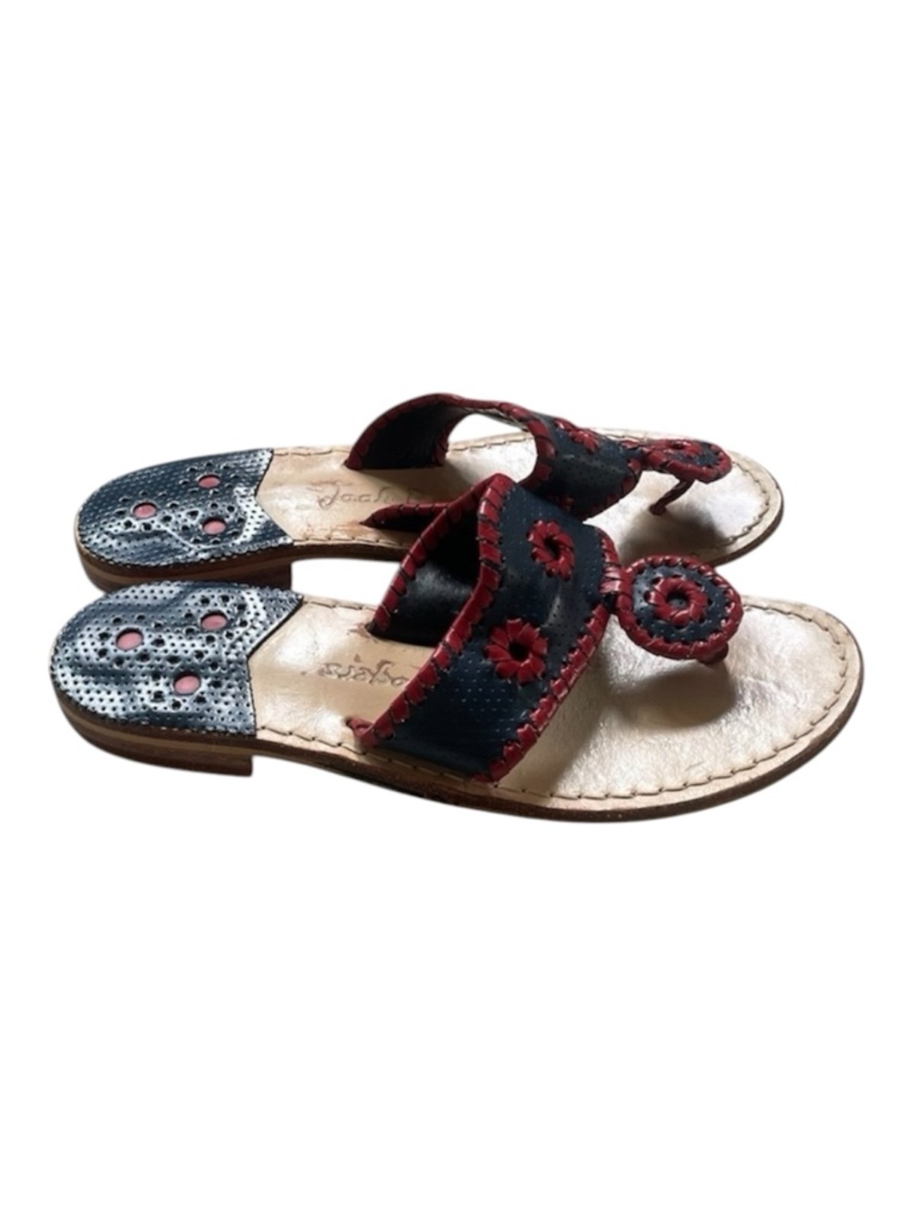 Jack Rogers Navy Women's Navajo Sandals with Red Whipstitch Details, Sz 6